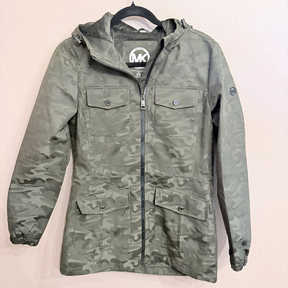 Michael‎ Kors Womens Camo Hooded Field Jacket Olive Green Faux Fur Lined XS